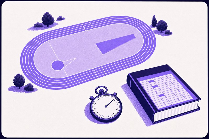 An athletics track seen from above with a stopwatch and a statistics handbook beside it