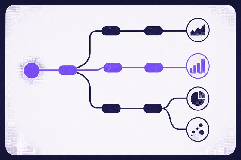 A branching flowchart whose paths end in small chart icons, one path highlighted to its chart