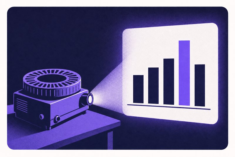 A slide projector throws a bar chart with one highlighted bar onto a screen